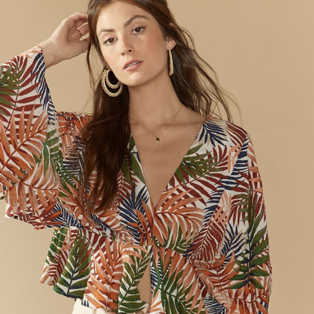 Mi Ami Tropical Leaf Print Kimono Blouse